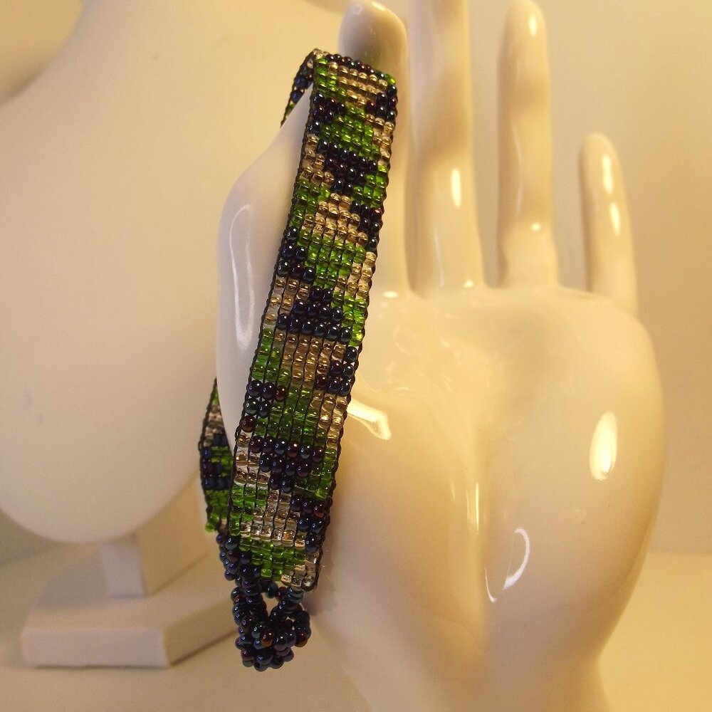 Woven Seed Bead Bracelet - Blue, Green & Clear - Iridescent - Artisan made